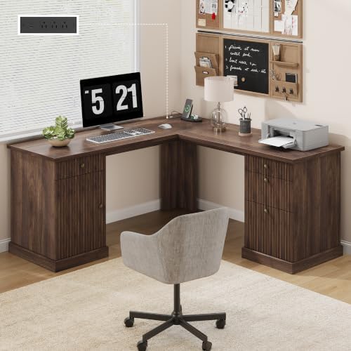 Garvee 60" Fluted L Shaped Desk with File Drawer, Corner Desk with Storage by Garvee