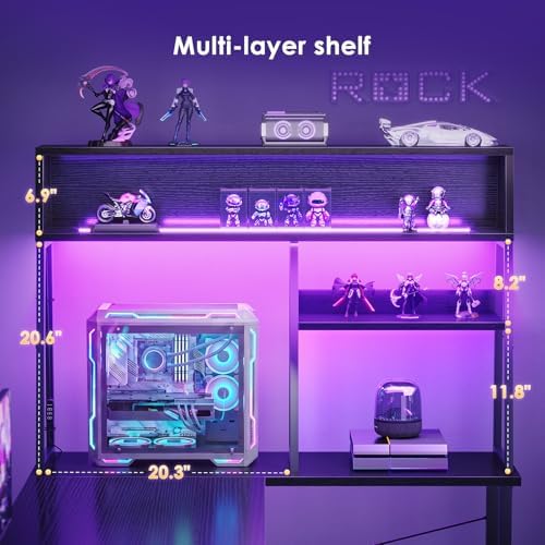 AODK 51 Inch L Shaped Gaming Desk with Display Shelves, LED Lights, Black - Image 4