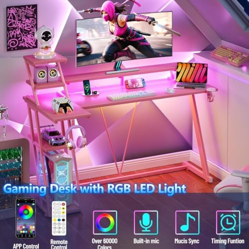 Korfile 55 Inch Pink Gaming Desk with LED Lights & Power Outlet, Gaming Computer Desk with Storage Shelves, L Shaped Gamer Workstations with Monitor Stand for Bedroom - Image 4