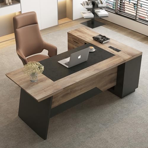 L Shape Executive Desk, Large Office Desk with Drawers & Shelves, 78.74 Inches Industrial Wooden Desk with Storage, Modern Computer Desk for Home Office, Black and Wood, Left Side by GTBLACKTURNSTONE