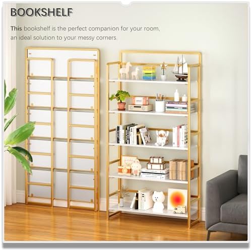4NM No Assembly Extra Wide 5 Tier Folding Bookshelf Tall Storage Shelves Vintage Bookcase Standing Racks Study Organizer Home Office - Image 3