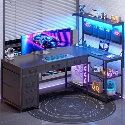SEDETA L Shaped Gaming Desk, 47.2" Reversible Small Computer Desk with 5 Drawers and Storage Shelves, Corner Gaming Desk with LED Lights and Power Outlet, Black by SEDETA