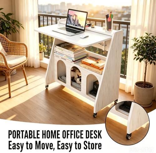 Portable Mobile Desk on Wheels, Mobile Workstation, Rolling Laptop Cart, Rolling Movable Computer Desk with Storage and Wheels for Home Office Small Space (White) - Image 4