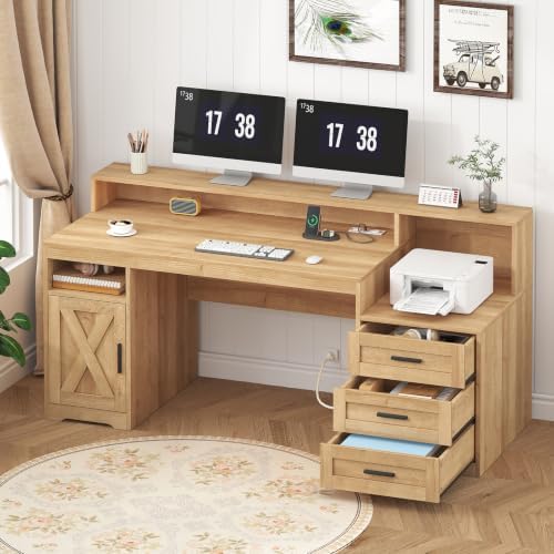 65" Farmhouse Computer Desk with Drawers and Printer Stand for Home Office by TVU