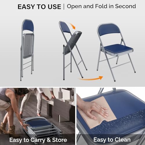 VINGLI 1 Pack Folding Chairs with Padded Seats, Metal Frame with Pu Leather Seat & Back, Capacity 350 lbs, Set of 1, Blue - Image 6
