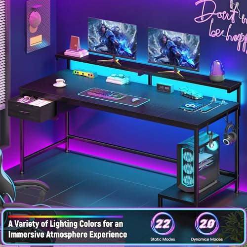 DurayLoly 47.2" Gaming Desk with Power Outlet and LED Lights,Bedroom,Black - Image 4