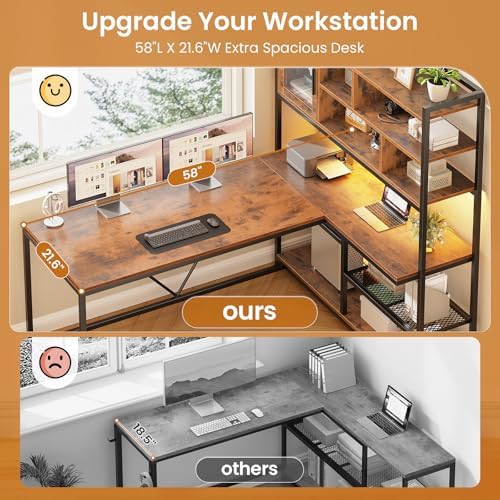 SEDETA L Shaped Computer Desk with Storage Shelves, Bookshelf, Rustic Brown - Image 6