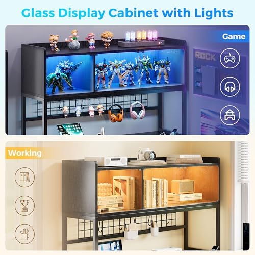 L Shaped Gaming Desk with Fabric Drawers and Power Outlet, Corner Computer Desk with LED-Lit Tempered Glass Display Cabinet, L Shaped Office Desk with Storage,PC Desk for Gaming and Home Office, Black - Image 4