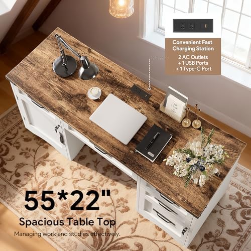 Decofy Farmhouse Executive Desk with Drawers, 55" Home Office Desks with Fast Charging Station, Lockable File Cabinet, Wood Writing Computer Desk for Work, Study, White - Image 6