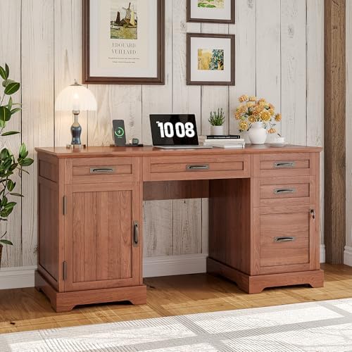 Whalefall 55'' Farmhouse Desk Home Office with Drawers, Brown - Image 3
