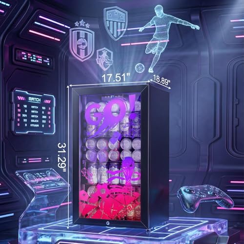 Small Beverage Refrigerator with LED Light Up Door – 128 Can Freestanding Drink Fridge, Mini Beer Cooler with 4 Removable Shelves, Child Safety Lock for Party Bar Gaming Room,World Cup Edition - Image 4