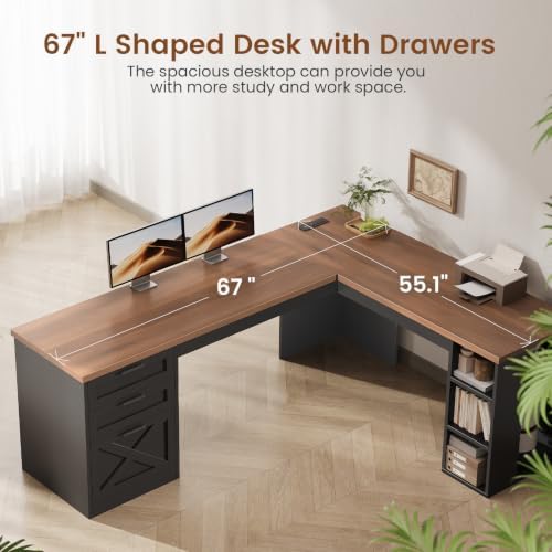 SEDETA 67" Farmhouse Executive L Shaped Desk with 3 Drawers - Image 5