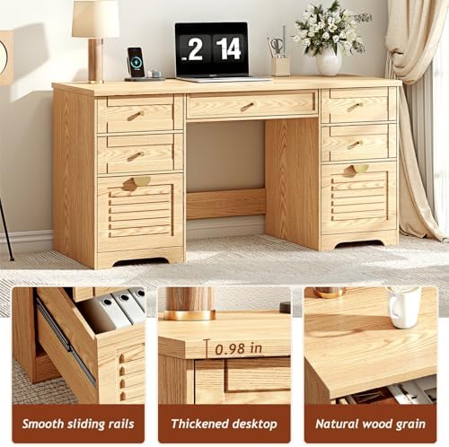 Ieejdn 59" Home Office Desks, Executive Desk, Farmhouse Computer Desk with 7 Drawers and Charging Station, File Drawer, Rustic Computer Writing Desk,Antique Wood - Image 4