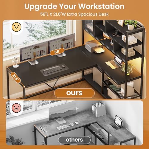 SEDETA L Shaped Computer Desk with Storage Shelves and Bookshelf, Black - Image 5
