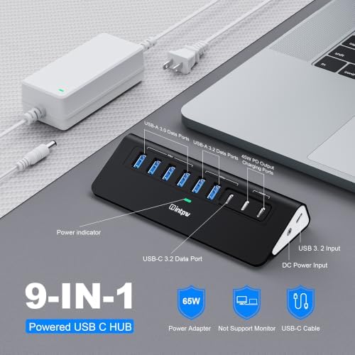 Powered USB Hub 10Gbps, intpw YH6AC 9-Port USB HUB with USB A/USB C 3.2, 4 USB 3.0, 2 PD 45W Charging Port, 65W Power Adapter + 5FT Cable, Aluminum USB Hub for Laptop, PC,iPhone 17/16 - Image 2