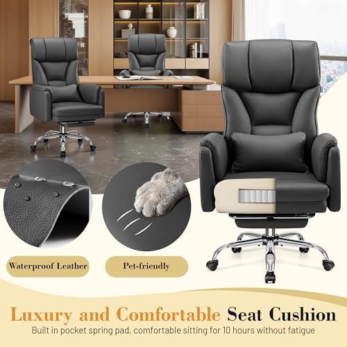 FelixKing Big and Tall Office Chair, 400LBS Wide Leather Executive Chair, Reversible Armrest for Pets Criss Cross Legged, 135° Reclining High Back Gaming Desk Chair with Lumbar Support Footrest, Black - Image 6