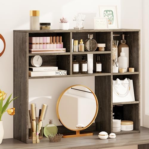 Tangkula Desktop Bookshelf, 37" Countertop Storage Hutch with 7 Cubes & 3 Adjustable Shelves, 3-Tier Desk Display Rack Organizer, Multipurpose Wood Desktop Hutch for Dorm Home Office (Grey) - Image 4