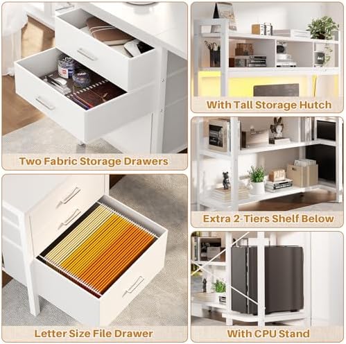 Aheaplus L Shaped Gaming Desk with Hutch, Gaming Desk with Led Lights, Reversible Computer Desk with Power Outlet, Corner Desk with File Drawer & Monitor Stand, Storage Shelves for Home Office, White - Image 5