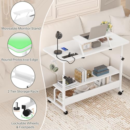 Height Adjustable Standing Desk with Power Outlets and LED Lights - 39" Manual Stand Up Desk with Monitor Stand and Storage Shelves Small Mobile Rolling Computer Desk Portable Laptop Table, White - Image 6