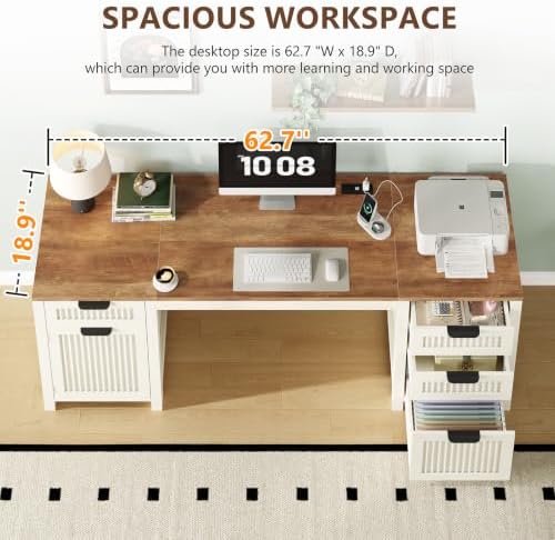 62" Farmhouse Computer Desk with Drawers & Storage Cabinet for Home Office - Image 4