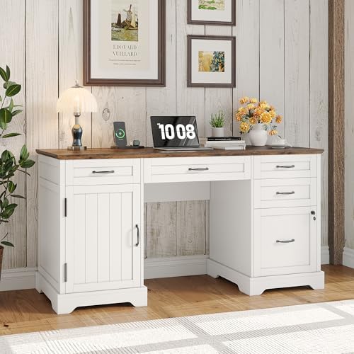 Whalefall 55'' Farmhouse Desk Home Office with Drawers, White - Image 3
