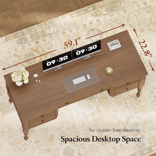 59in Wood Executive Desk with Solid Wood Legs & Keyboard Tray, Brown - Image 3