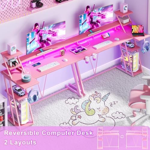 Korfile 55 Inch Pink Gaming Desk with LED Lights & Power Outlet, Gaming Computer Desk with Storage Shelves, L Shaped Gamer Workstations with Monitor Stand for Bedroom - Image 3