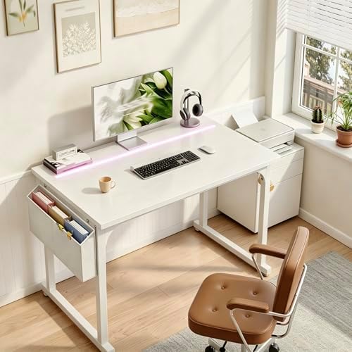 DurayLoly 40" Gaming Desk with Waterproof LED Lights for Bedroom,White - Image 2