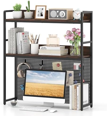 Tangkula Desktop Bookshelf, Multipurpose 2-Tier Desk Hutch with Pegboard, Industrial Countertop Storage Organizer Rack for up to 32" Computer Monitor, Hutch for Dorm Home Office (Rustic Brown) by TANGKULA