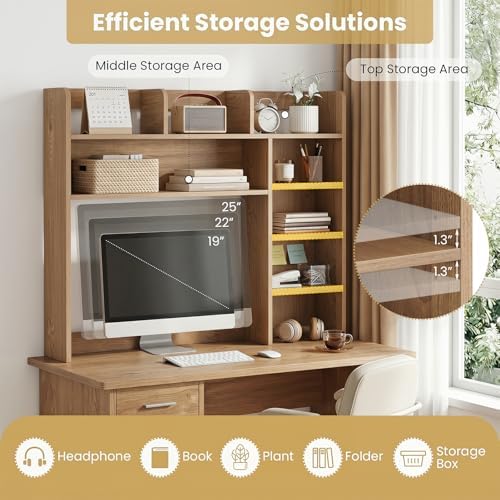 Desktop Bookshelf, Wood Countertop Bookcase with Shelves, Desk Hutch for College Dorm, Multipurpose Desk Organizer Shelf Display Rack for Home Office, Hutch Top Only (Natural, 8 Shelf) - Image 5