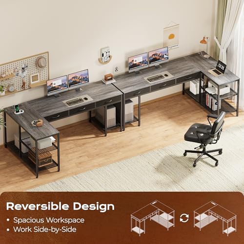 PRAISUN 63 Inch L Shaped Office Desk with Power Outlets and Type-C Port, Large Computer Gaming Desk with 3 Fabric Drawers, Mesh Shelves, Corner Study Work Writing Desk, Grey - Image 4