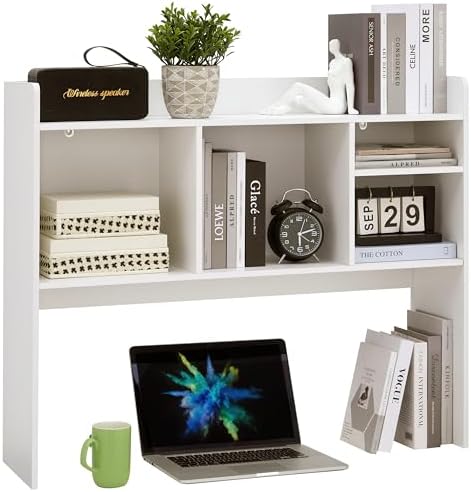 Nromant Desktop Bookshelf, Wooden Desk Storage Hutch with 6 Shelves for Computer Desk, 3-Tier Desktop Display Organizer Rack for Office Home (White) - Image 3
