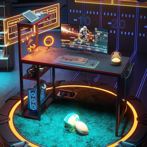 Bestier Gaming Desk with Power Outlets, 44 Inch Led Gamer Desk with 4 Tiers Reversible Shelves, PC Gaming Table with Headset Hook & Side Storage Bag for Bedroom (Black 3D Carbon Fiber) - Image 4