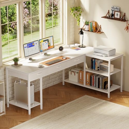 PRAISUN 63 Inch L Shaped Office Desk with Power Outlets and Type-C Port, Large Computer Gaming Desk with 3 Fabric Drawers, Mesh Shelves, Corner Study Work Writing Desk, White - Image 2