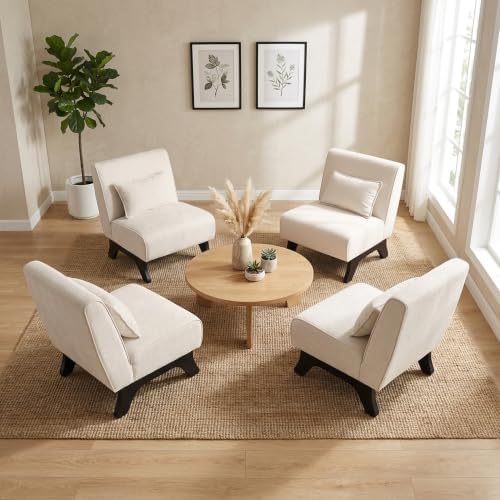 Upholstered Armless Accent Chair Set of 4,Modern Comfy Living Room Chairs with Wooden Legs& Pillows,Lounge Sofa Side Chair for Bedroom Farmhouse Reading (4 PCS, Beige) by womina