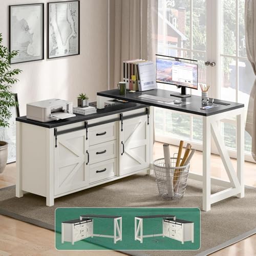 Executive L Shaped Office Desk with Drawers, Farmhouse Corner Desk for Home Office with Storage Cabinet, Computer Desk with Charging Station, Reversible Study Writing Table Workstation, Rustic White by Vabches