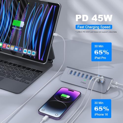 Powered USB Hub 10Gbps, intpw 9-Port USB 3.2/USB C Hub(3 USB 3.2 + 4 USB 3.0 + 2 PD 45W Charging Ports), 65W Power Adapter and 3.3FT Cable, Aluminum USB Hub for Laptop, iPhone 17/16/PC - Image 4