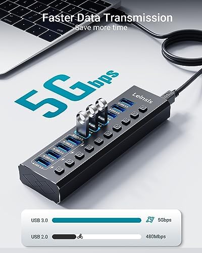 Powered USB Hub 3.0, Leinsis 10-Port USB 3.0 Hub [Durable Aluminum] 10 Data Transfer Ports+ 4 Smart Charging Ports with Individual On/Off Switches, USB Hub 3.0 Powered with Power Adapter for Laptop PC - Image 3
