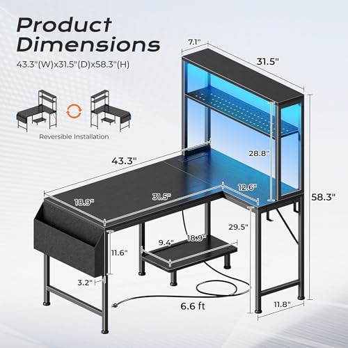 PRAISUN L Shaped Gaming Desk with LED Lights & Power Outlets - Image 2