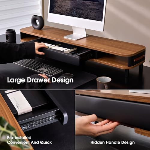 Fenge Dual Monitor Stand with Large Storage Drawer, 42.5" Desk Shelf, Brown - Image 4
