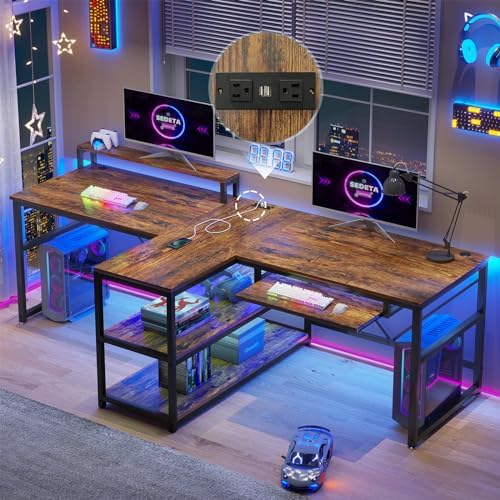 SEDETA 94.5" 2 Person Gaming Desk with Storage Shelf,LED Light,Rustic Brown by SEDETA