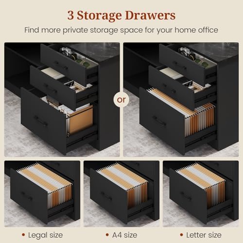 UPOSOJA 71" Executive Desk, Large Office Desk with Drawers & Storage Shelves, Modern L Shaped Computer Desk Corner Desk with Power Outlets, File Cabinet, Business Furniture Desk Workstation (Black) - Image 6