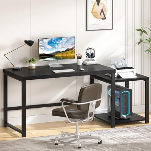 FOLUBAN Large Home Office Desk, Black Computer Desk with Storage Shelves, Modern Wood Writing Study Gaming Table for Bedroom Living Room, 63 Inch by FOLUBAN