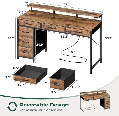 Huuger Gaming Desk with 6 Drawers, Computer Desk with LED Lights Power Outlets and Type-C, 47 Inch Office Desk with Storage, Monitor Stand, Writing Work Desk for Home Office, Rustic Brown - Image 3