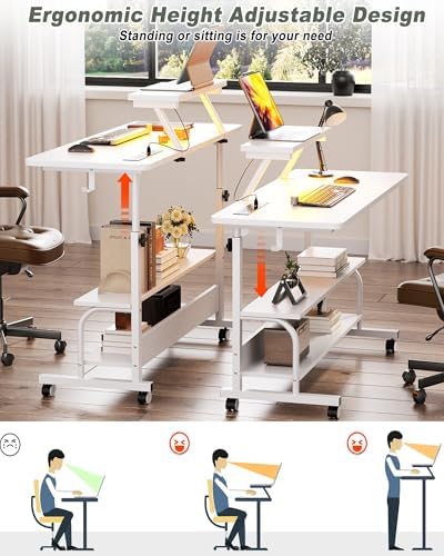 Height Adjustable Standing Desk with Power Outlets and LED Lights - 39" Manual Stand Up Desk with Monitor Stand and Storage Shelves Small Mobile Rolling Computer Desk Portable Laptop Table, White - Image 4