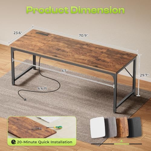 PRAISUN 70 x 24 Inch Computer Desk with Power Outlets & USB-C, Rustic Brown - Image 3