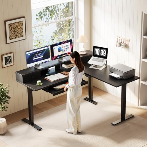 OffiGo 59 Inch L Shaped Electric Standing Desk with Drawers, Black - Image 2