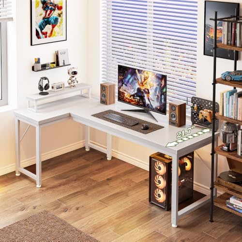 PRAISUN 53" L Shaped Computer Desk, Power Outlets, Monitor Stand, White - Image 7