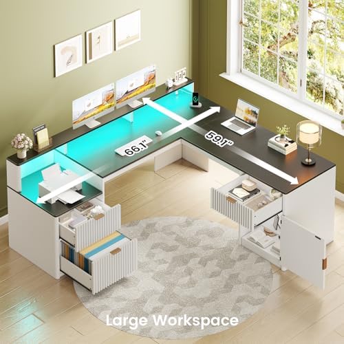 SEDETA 66" Modern L Shaped Desk with Drawers, Fluted Home Office Desk with File Cabinet and Printer Shelf, Wood Executive Desk with Monitor Stand, Led Lights, Power Outlets, White - Image 3