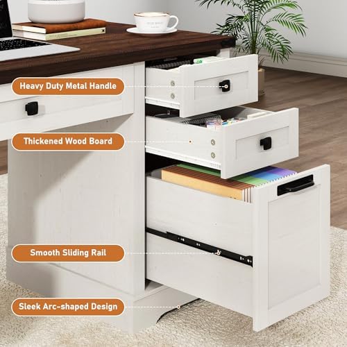 Squireewo 58'' Farmhouse Home Office Desk with Drawers, Wooden Executive Desk with Charging Station, File Drawers and Storage Cabinet, Computer Desk for Work, Study and Writing, Rustic White - Image 3
